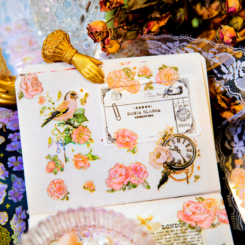 Hot stamping sticker romantic flower material pasting PET-JournalTale