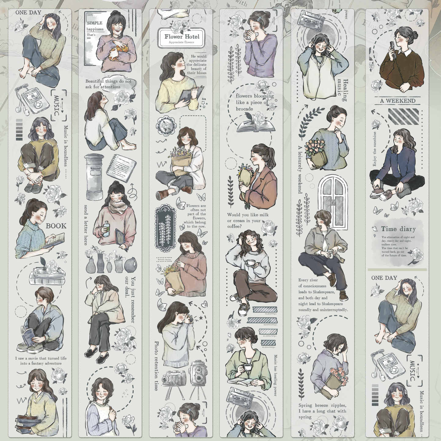 6M/roll of vintage character washi paper PET handbook tape-JournalTale