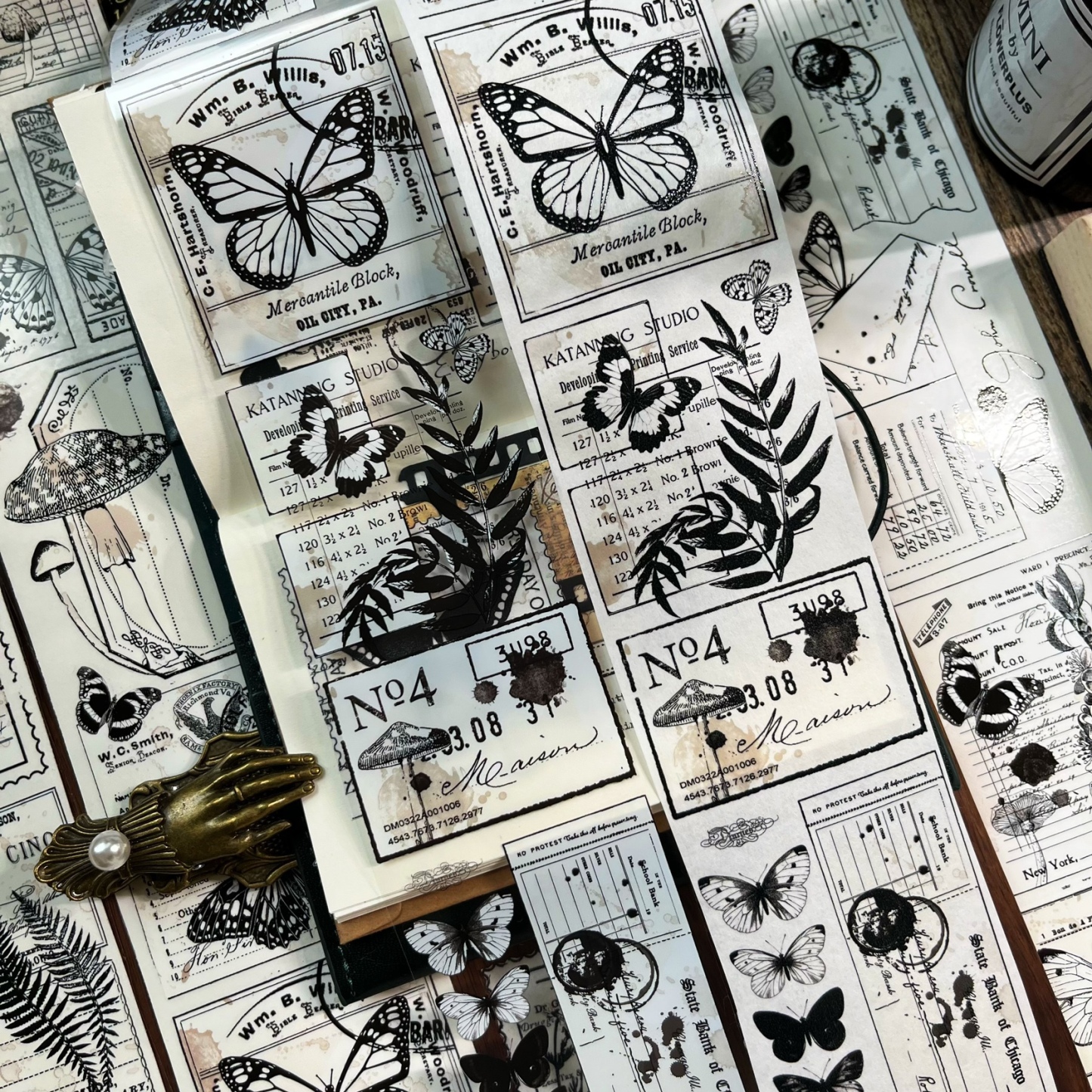 Retro washi tape pet sticker black and white bottoming plant tape-JournalTale