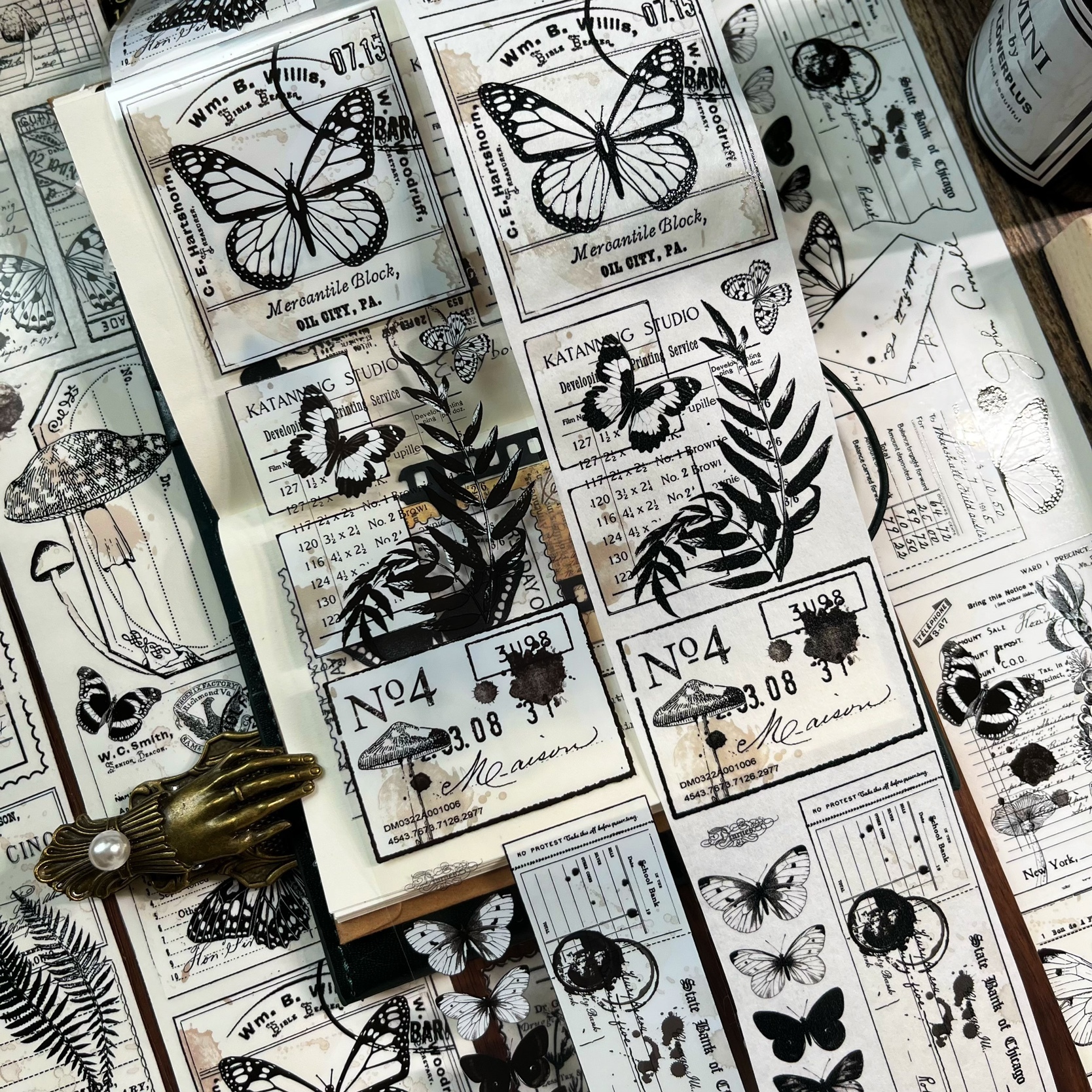 Retro washi tape pet sticker black and white bottoming plant tape-JournalTale