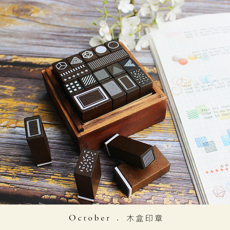 moodtape wooden seal square box set letters numbers geometric circles dots plant seals-JournalTale