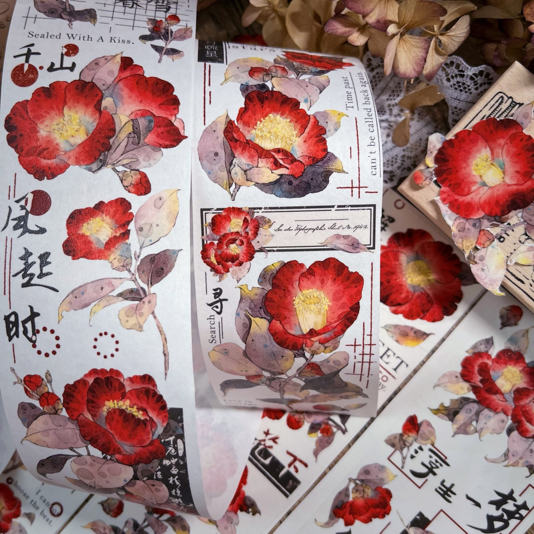 Vintage Floral Camellia and Paper Pet Tape-JournalTale