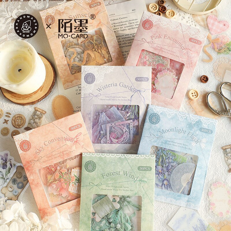 30 Sheets Time Handmade Series Vintage PET White Ink Sticker-JournalTale