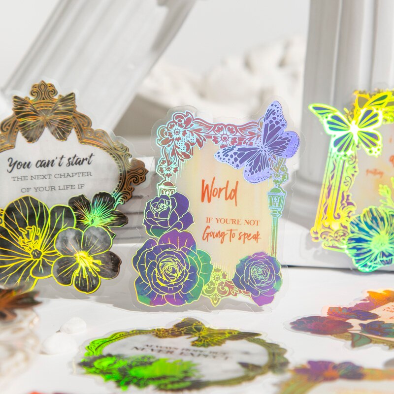 10PCS Blooming Baroque Flower Butterfly Laser Sticker-JournalTale