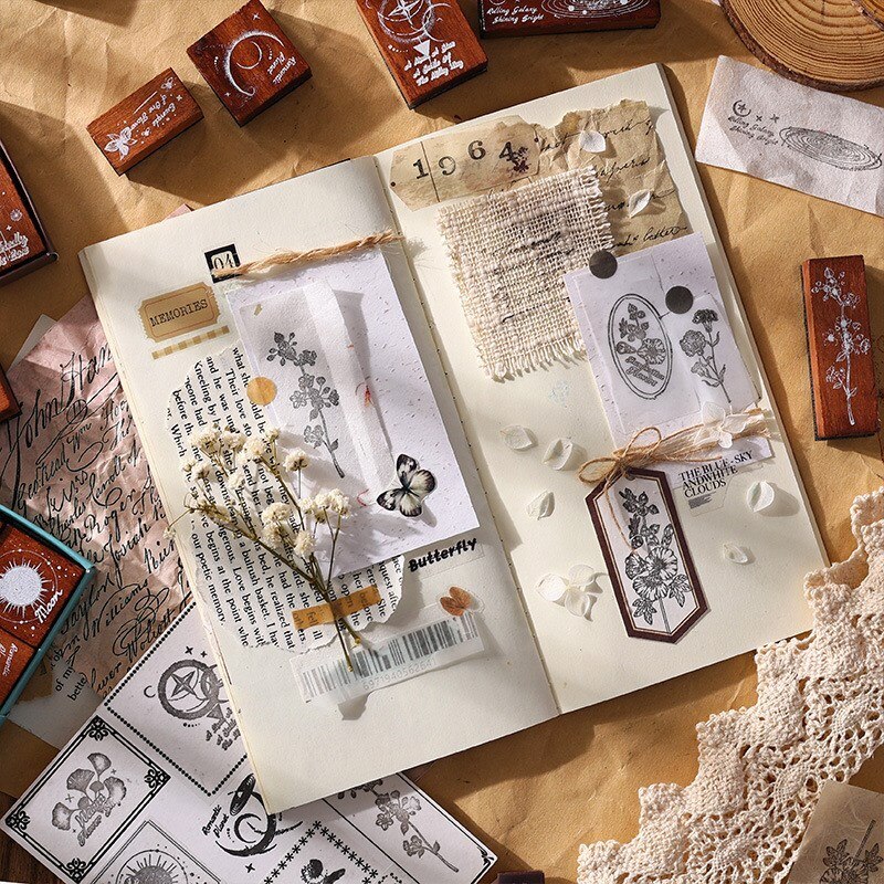 6 Pcs Wooden Rubber Stamp Set Flowers Planet Postmark Stamps-JournalTale