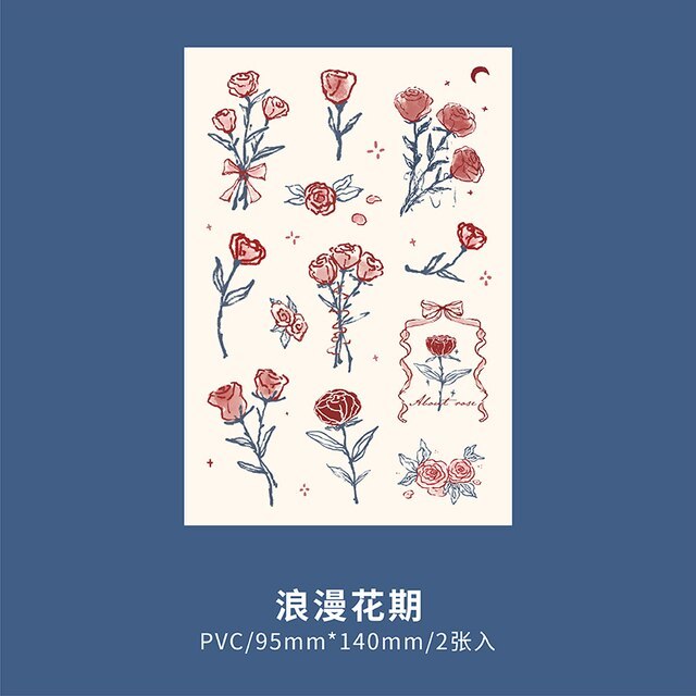 2 Sheets Vintage Rose Plants Illustration PVC Stickers Pack-JournalTale