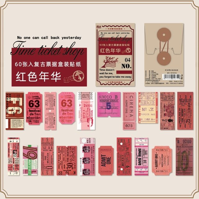 Vintage Boxed Stickers 60 pcs Ticket Style Retro Decor Sticker-JournalTale