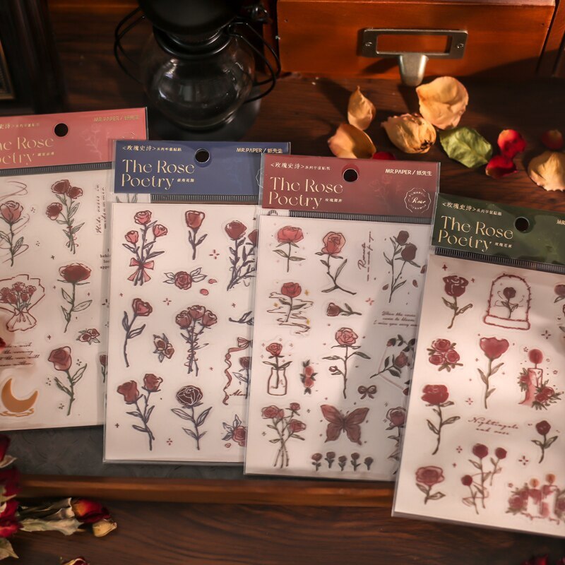 2 Sheets Vintage Rose Plants Illustration PVC Stickers Pack-JournalTale