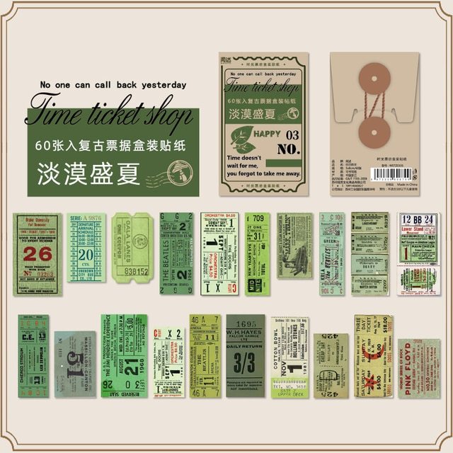 Vintage Boxed Stickers 60 pcs Ticket Style Retro Decor Sticker-JournalTale