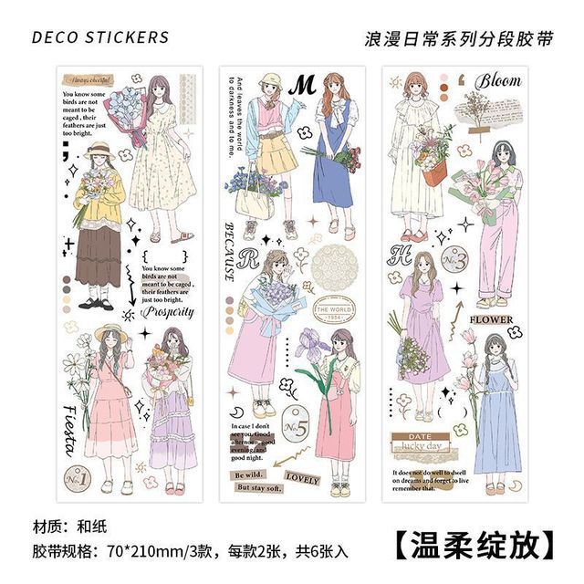 6 Sheets Romantic and Sweet Character Washi Stickers-JournalTale