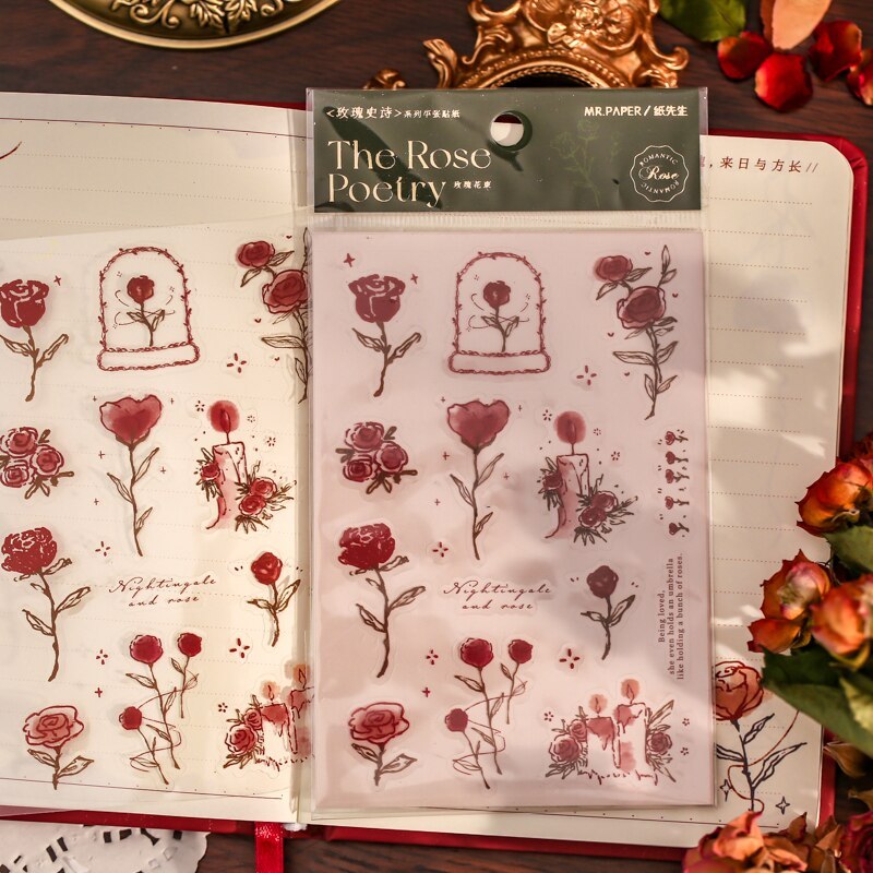 2 Sheets Vintage Rose Plants Illustration PVC Stickers Pack-JournalTale