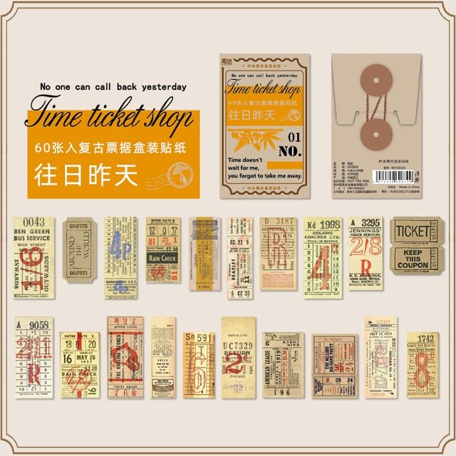 Vintage Boxed Stickers 60 pcs Ticket Style Retro Decor Sticker-JournalTale