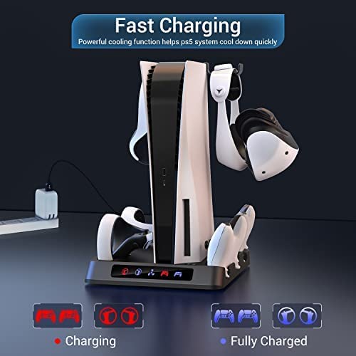 Estação de resfriamento TwiHill para PS5 com controlador duplo e estação de carregamento do controlador PlayStation VR2, Acessórios PS5 com carregador de controlador, Ventoinha, Suporte para fone de ouvido, parafuso-Site oficial de vendas da TwiHill