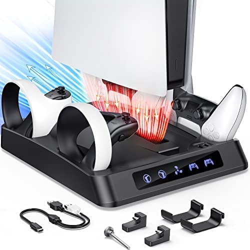Estação de resfriamento TwiHill para PS5 com controlador duplo e estação de carregamento do controlador PlayStation VR2, Acessórios PS5 com carregador de controlador, Ventoinha, Suporte para fone de ouvido, parafuso-Site oficial de vendas da TwiHill