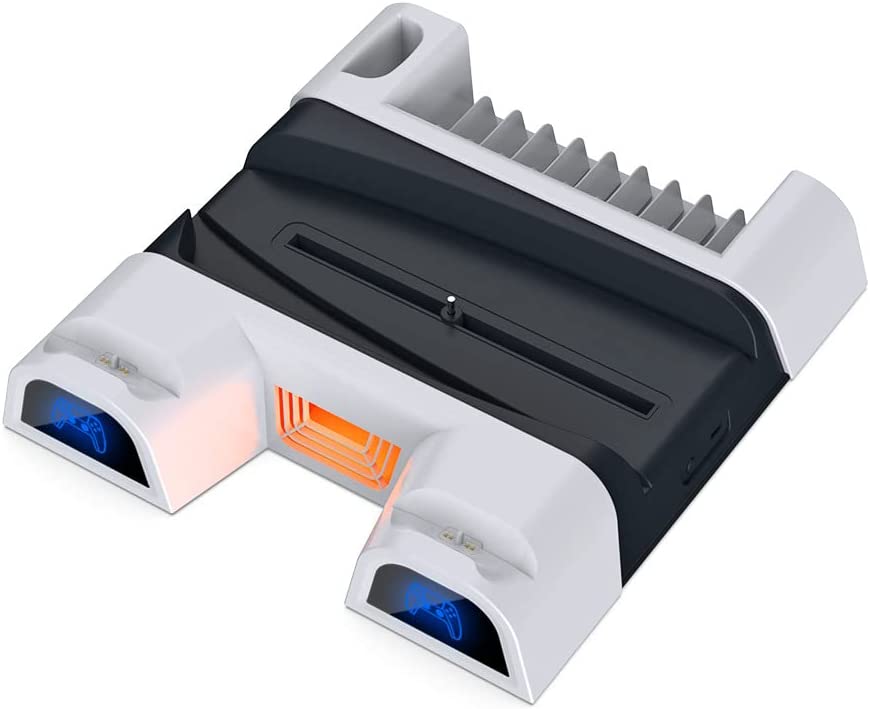 Suporte PS5 Cooling Stand Charging Station -7 em 1 kit de proteção completa para PS5 console e controladores, TwiHill Charger Dock, Controller Skins, Thumb Grips, Headset Holder Acessórios Bundle para Playstation5-Site oficial de vendas da TwiHill
