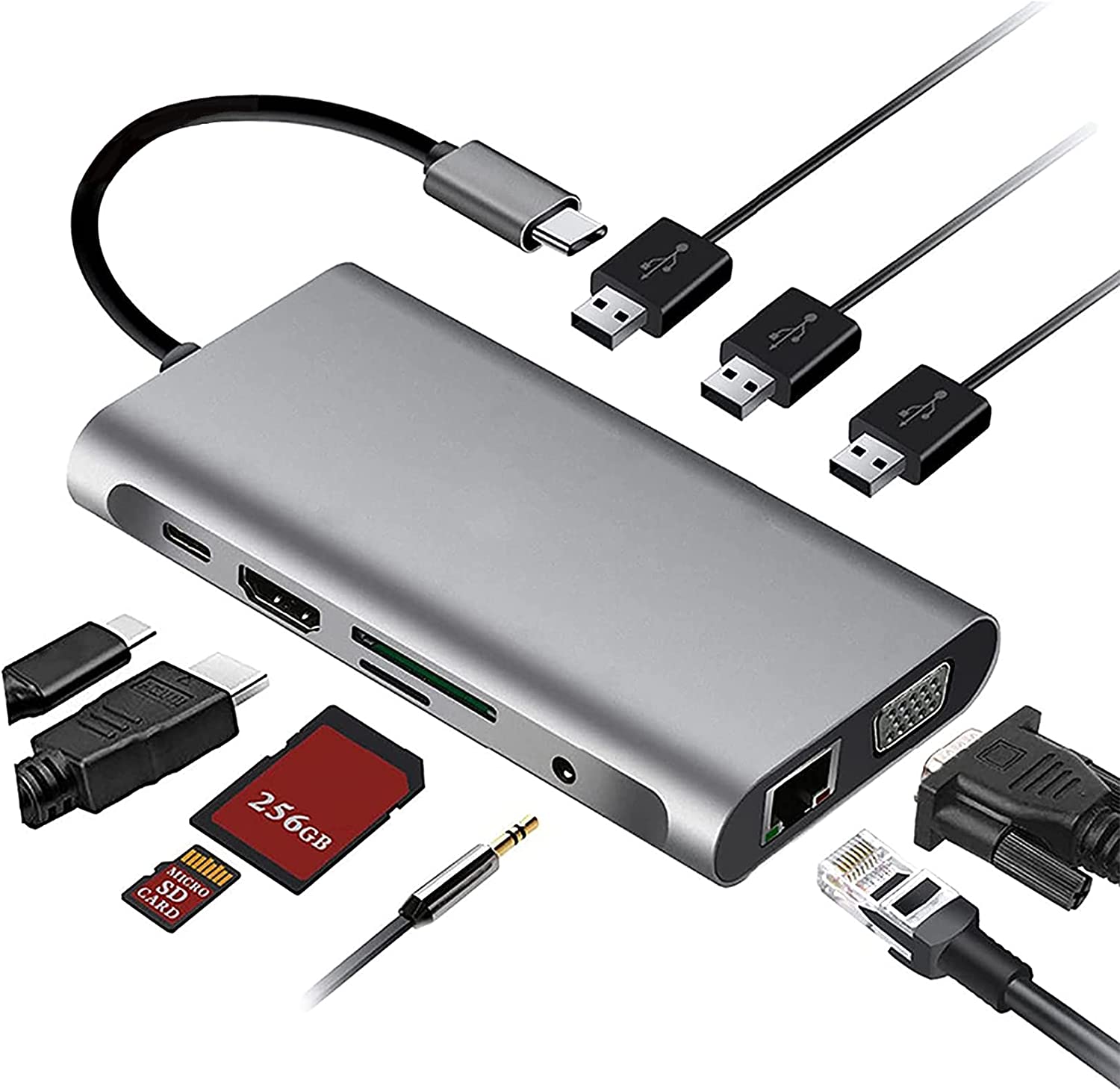 TwiHill Hub Usb 3.0, Docking Station 10 em 1 com 4K HDMI, 100W PD, 3 portas USB 3.0, porta Ethernet 1000Mbps and VGA, leitor de cartão SD e TF, Adaptador hub USB C para MacBook/iPad/Chromebook-para PCSite oficial de vendas da TwiHill