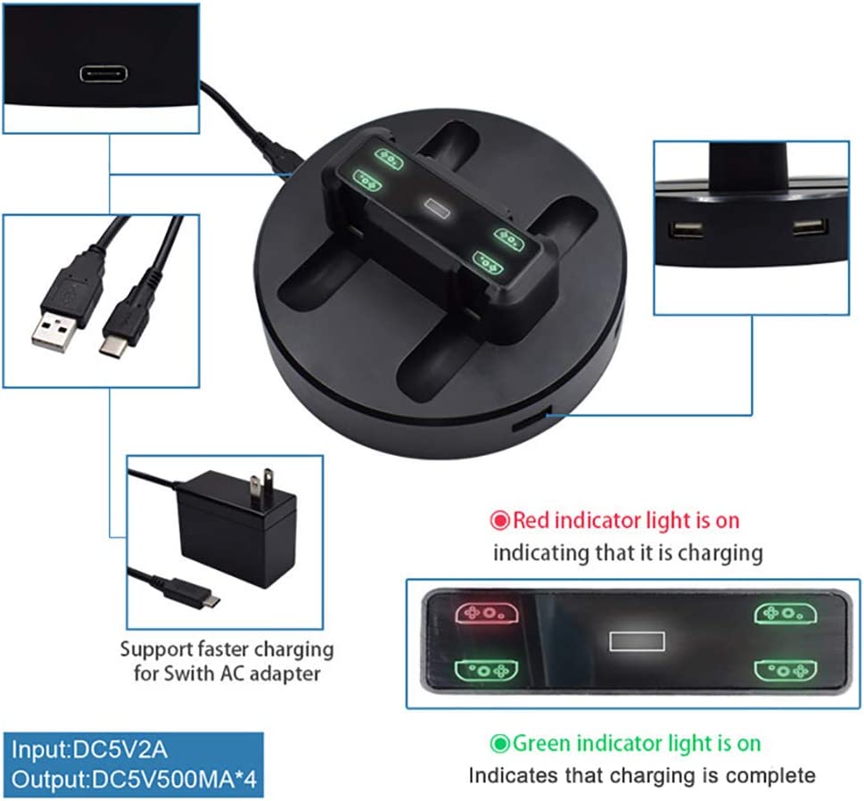 O carregador com quatro portas é adequado para Nintendo switch joy-con, TwiHill, O carregador com quatro portas possui 2 portas USB com luz indicadora-TwiHill