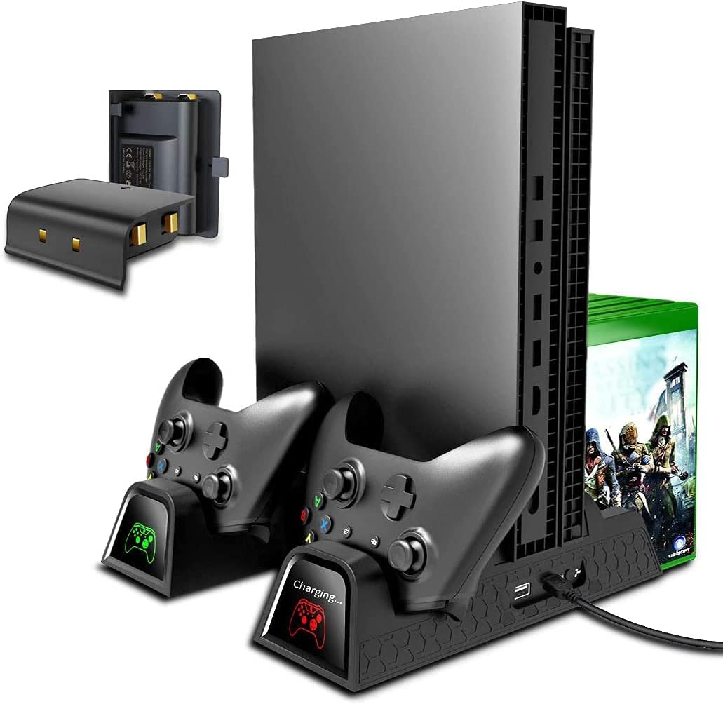 Suporte de resfriamento vertical TwiHill compatível com Xbox ONE X / Xbox ONE S / Xbox ONE normal, ventilador de resfriamento com 2PACK baterias de 600mAh, armazenamento de jogos, estação dock de carregamento de controlador duplo (Preto)-Site oficial de vendas da TwiHill
