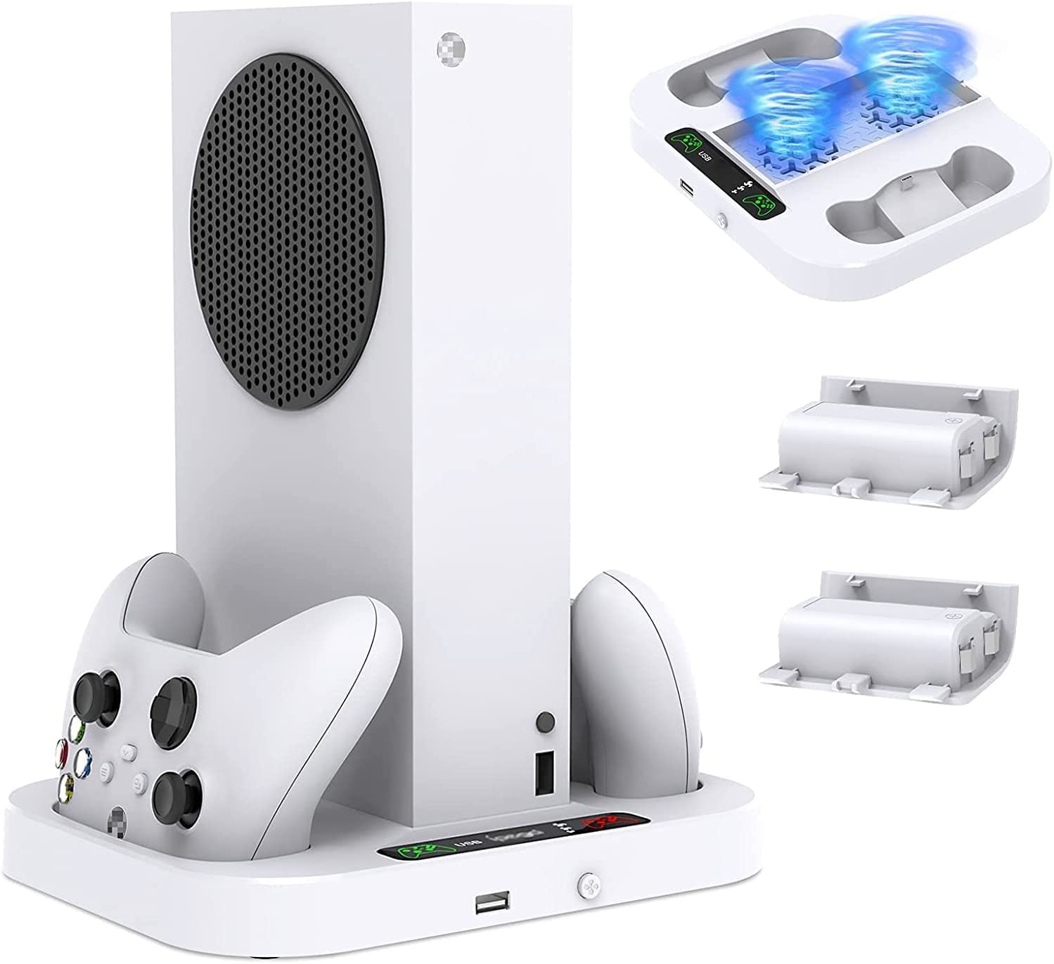 TwiHill Suporte de resfriamento para Xbox Series S com carregador de controlador, estação de carregamento de ventilador de resfriamento ajustável com 3 engrenagens Acessórios de encaixe para console Xbox Series S com 2 baterias recarregáveis.-Site oficial de vendas da TwiHill