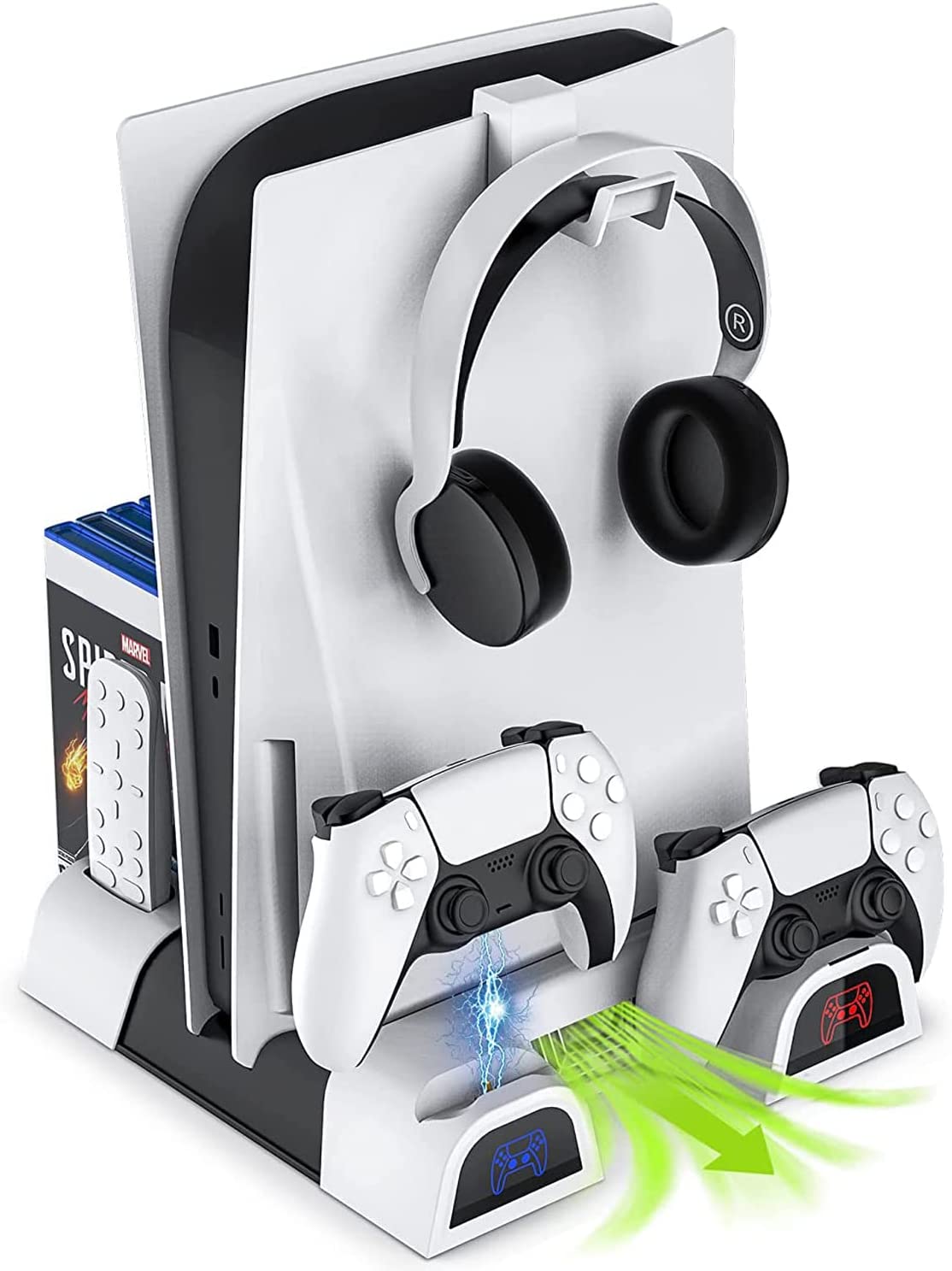 Suporte PS5 Cooling Stand Charging Station -7 em 1 kit de proteção completa para PS5 console e controladores, TwiHill Charger Dock, Controller Skins, Thumb Grips, Headset Holder Acessórios Bundle para Playstation5-Site oficial de vendas da TwiHill