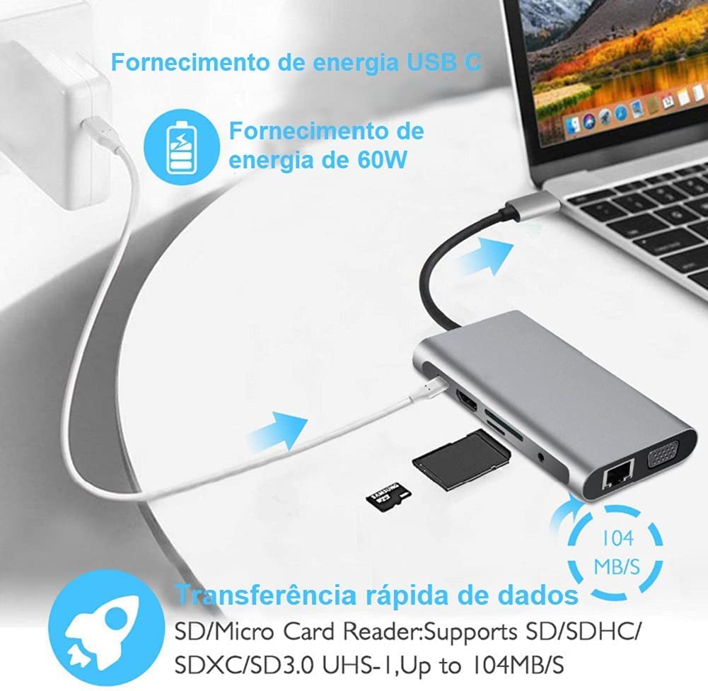 TwiHill Hub Usb 3.0, Docking Station 10 em 1 com 4K HDMI, 100W PD, 3 portas USB 3.0, porta Ethernet 1000Mbps and VGA, leitor de cartão SD e TF, Adaptador hub USB C para MacBook/iPad/Chromebook-Site oficial de vendas da TwiHill