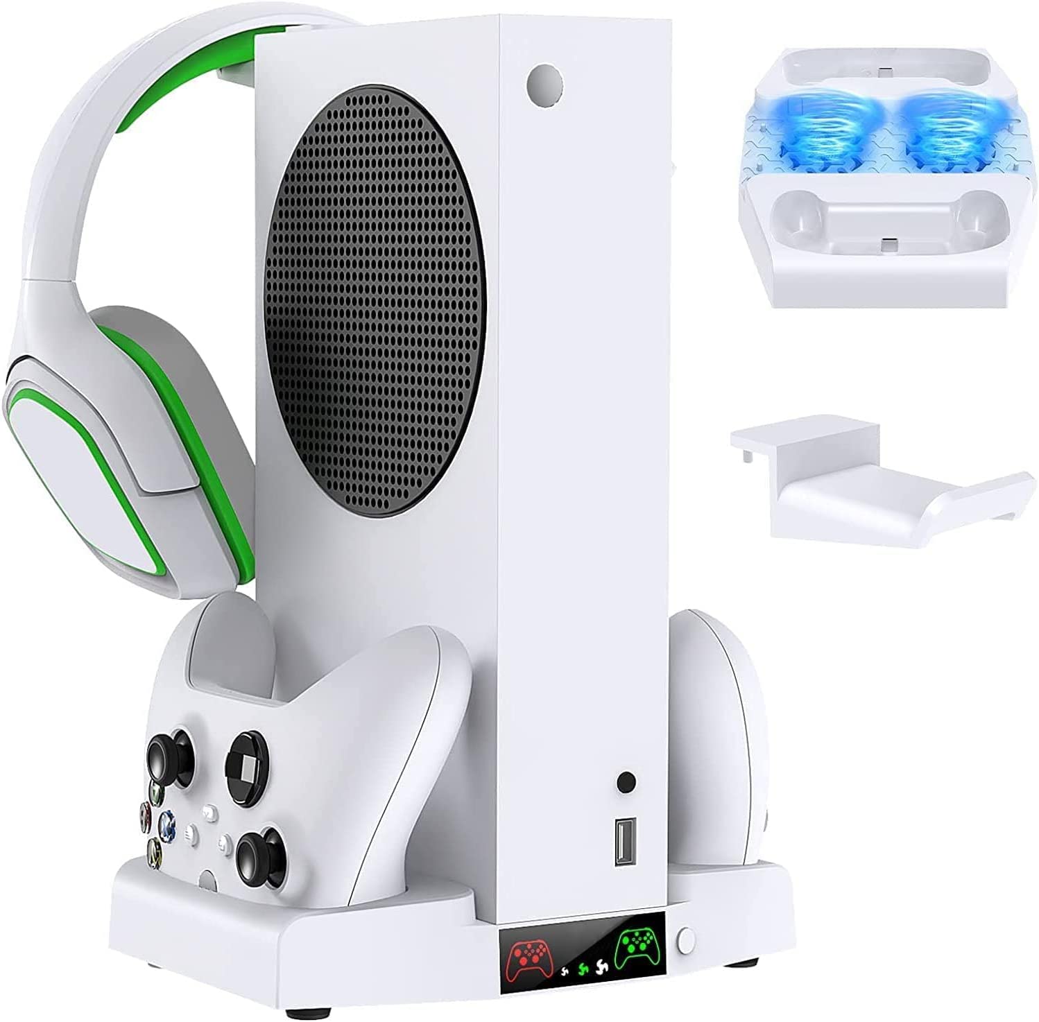 TwiHill Suporte de carregamento para Xbox Series S com ventilador de resfriamento, estação de carregamento do controlador e resfriador de console ajustável de 3 engrenagens e suporte de fone de ouvido com 2 portas USB extras-para xbox