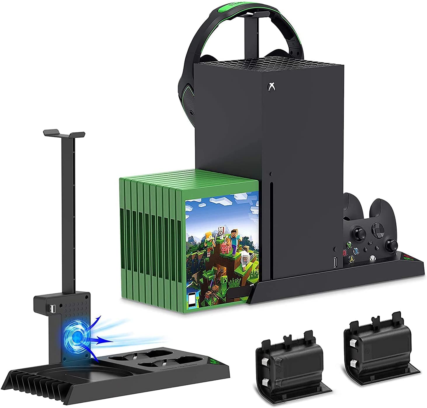 TwiHill Suporte de carregamento com ventilador de resfriamento para console e controlador Xbox Series X, acessórios de estação de carregador duplo vertical com tampa e bateria recarregável de 2 x 1400mAh, suporte de fone de ouvido e 10 slots de jogo-Site oficial de vendas da TwiHill