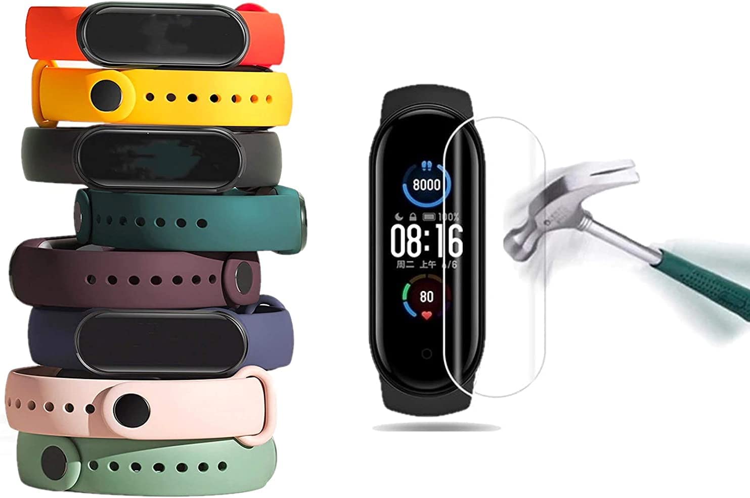 Pulseiras de relógio TwiHill para Mi Band 6 e 5, pulseira de silicone de estilo clássico Correia de relógio para Xiaomi Smart Band 6 e 5, Kit com 8 unidades + 1 Películas Nano Bordas Pretas [TwiHill]-para XiaomiSite oficial de vendas da TwiHill