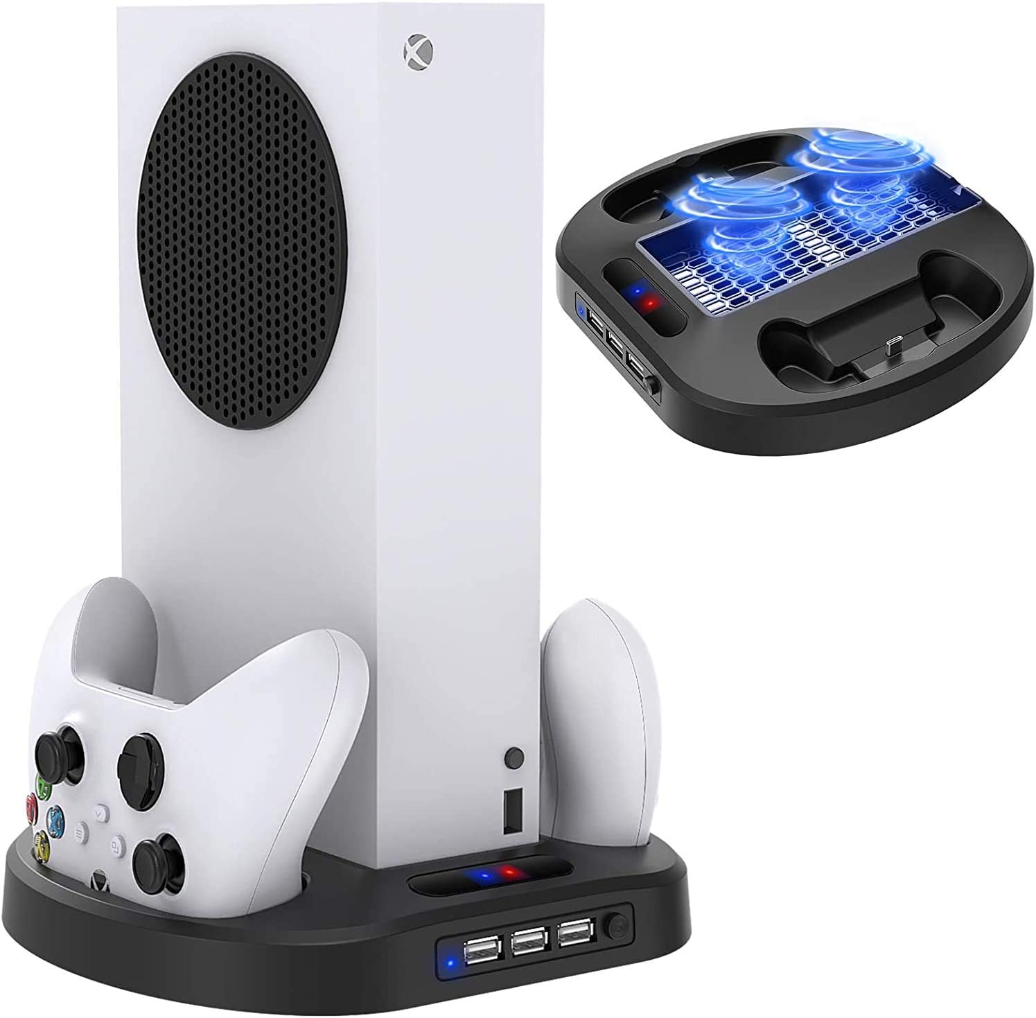 TwiHill Suporte de carregamento vertical para controladores Xbox Series S com ventilador de resfriamento, estação de carregamento com indicador e 3 hubs USB-Site oficial de vendas da TwiHill