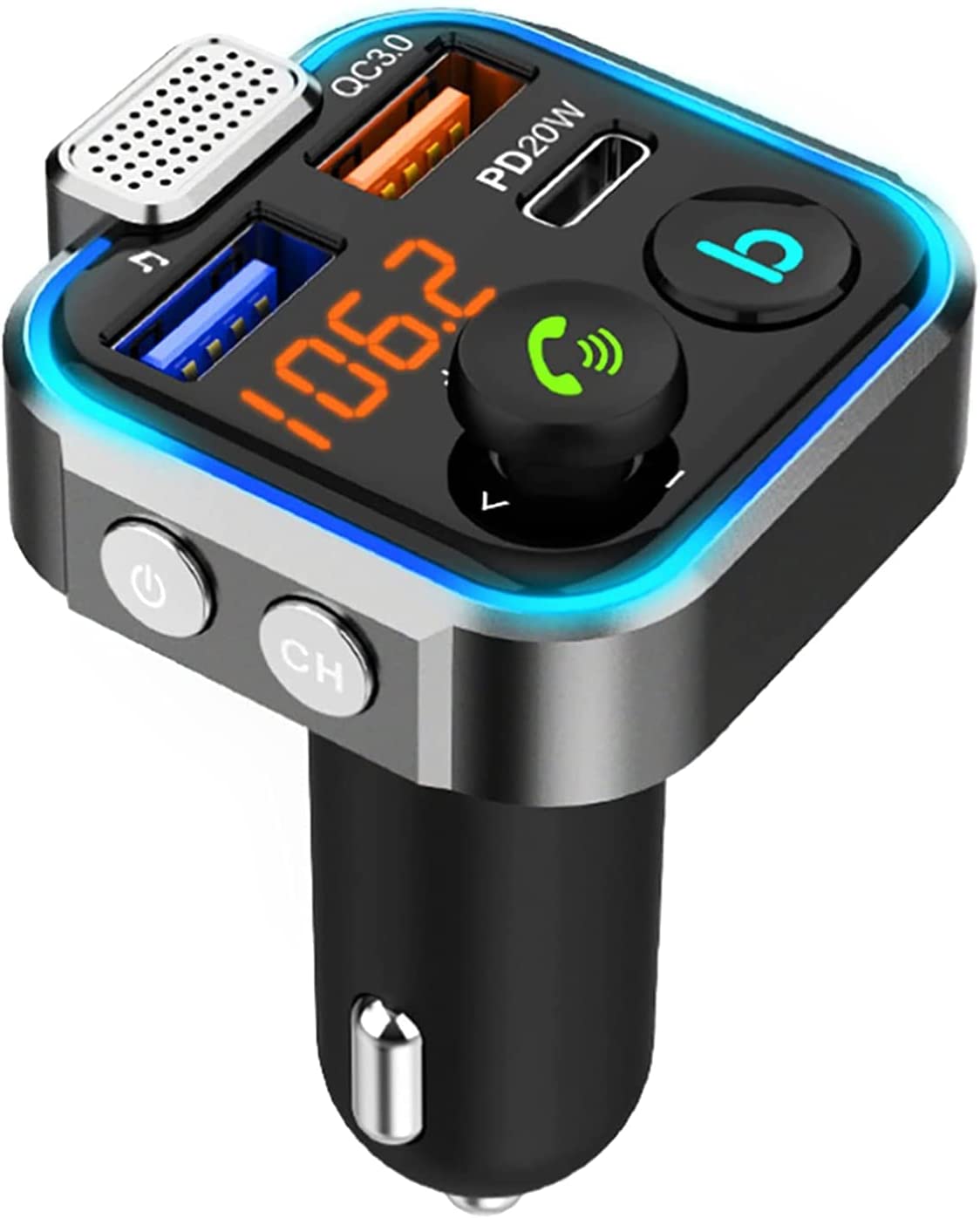 TwiHill Transmissor FM Bluetooth 5.0 para carro, Reprodutor de Música Viva-voz para Carro, Adaptador de Rádio Bluetooth 2 USB + Tipo C Carregamento Rápido 36W/5.8A, Suporta Pendrive Disco U-para CarroSite oficial de vendas da TwiHill