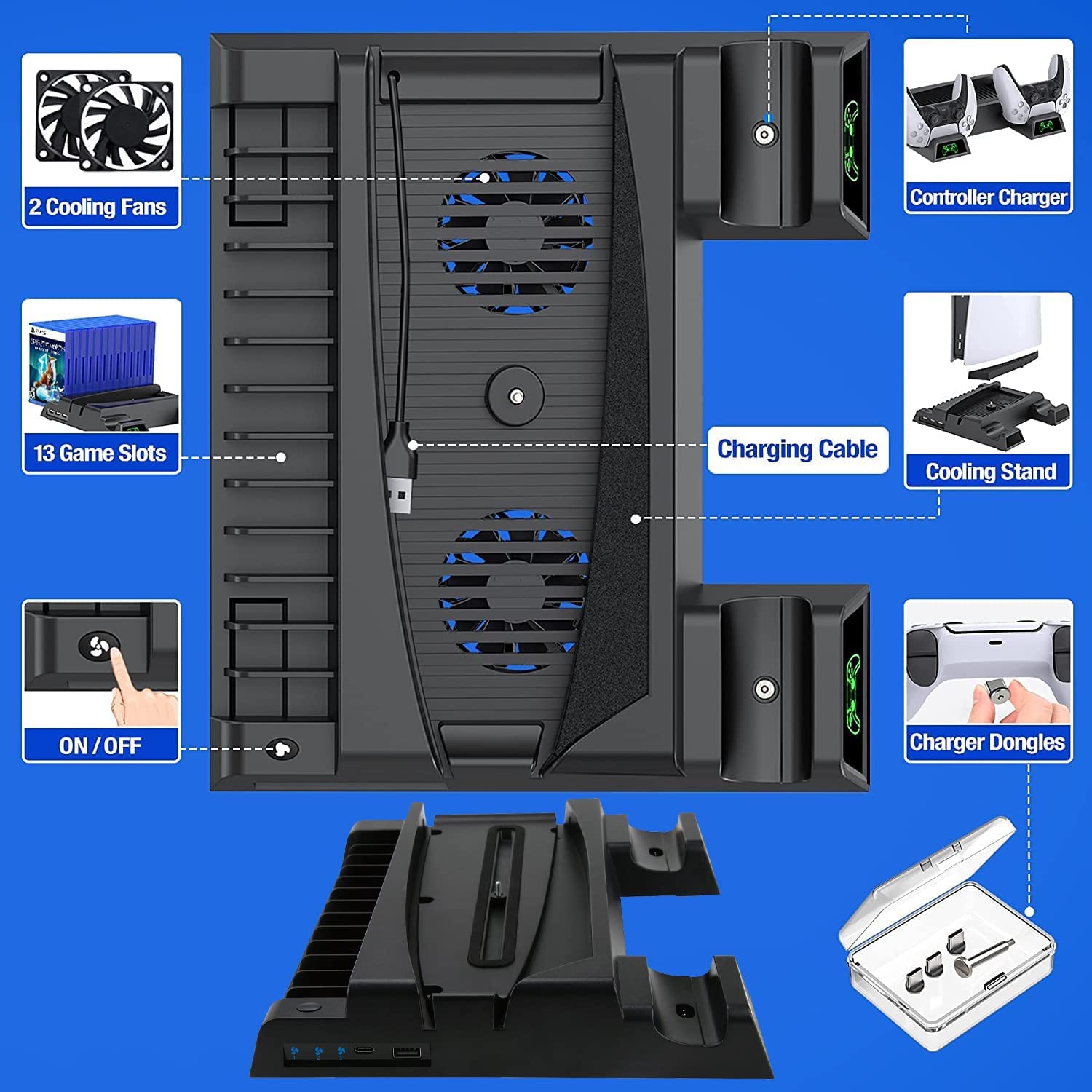 Suporte Estação de resfriamento TwiHill para PS5, ventilador de resfriamento de suporte PS5 com estação de carregador e 13 slots de jogos (Preto)-Site oficial de vendas da TwiHill