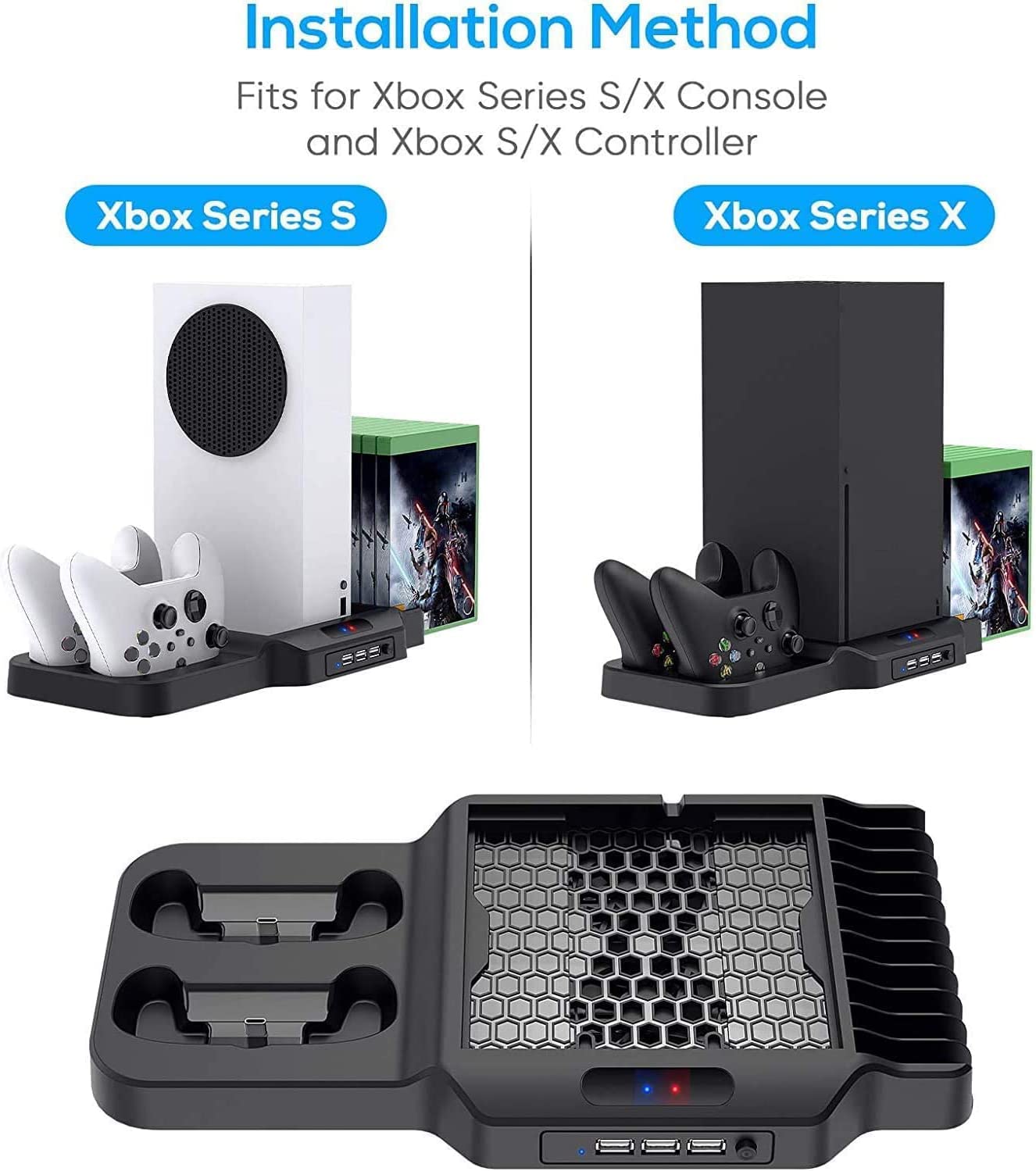 TwiHill Suporte vertical com ventilador de resfriamento para Xbox Series X / S, estação de carregamento com portas de carregamento de controlador duplo-Site oficial de vendas da TwiHill