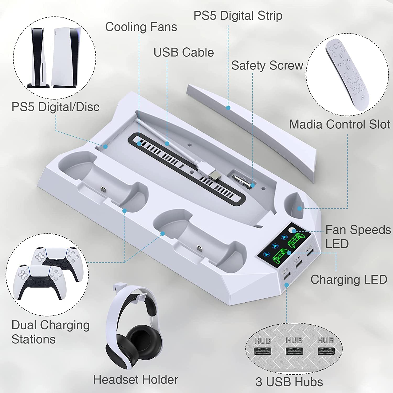 Suporte de carregamento com ventilador de resfriamento para console e  controlador de edição digital PS5 / PS5, estação de carregamento vertical  com 15