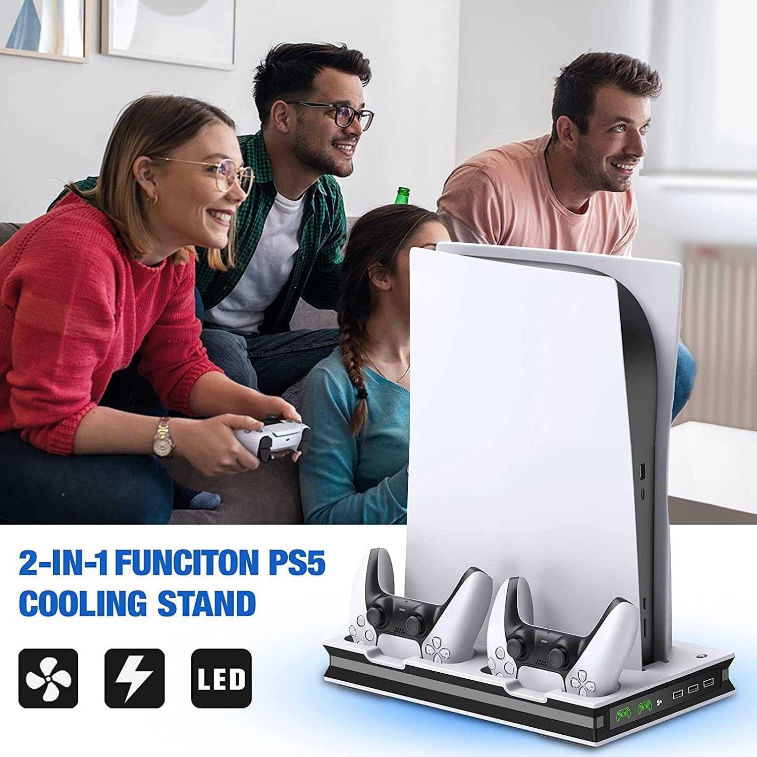 Suporte para PS5 com 2 ventoinhas de resfriamento, estação de carregamento de controle duplo rápido PS5, estação de resfriamento PS5 Suporte vertical para Sony Playstation 5 Digital/Disc Edition-Site oficial de vendas da TwiHill