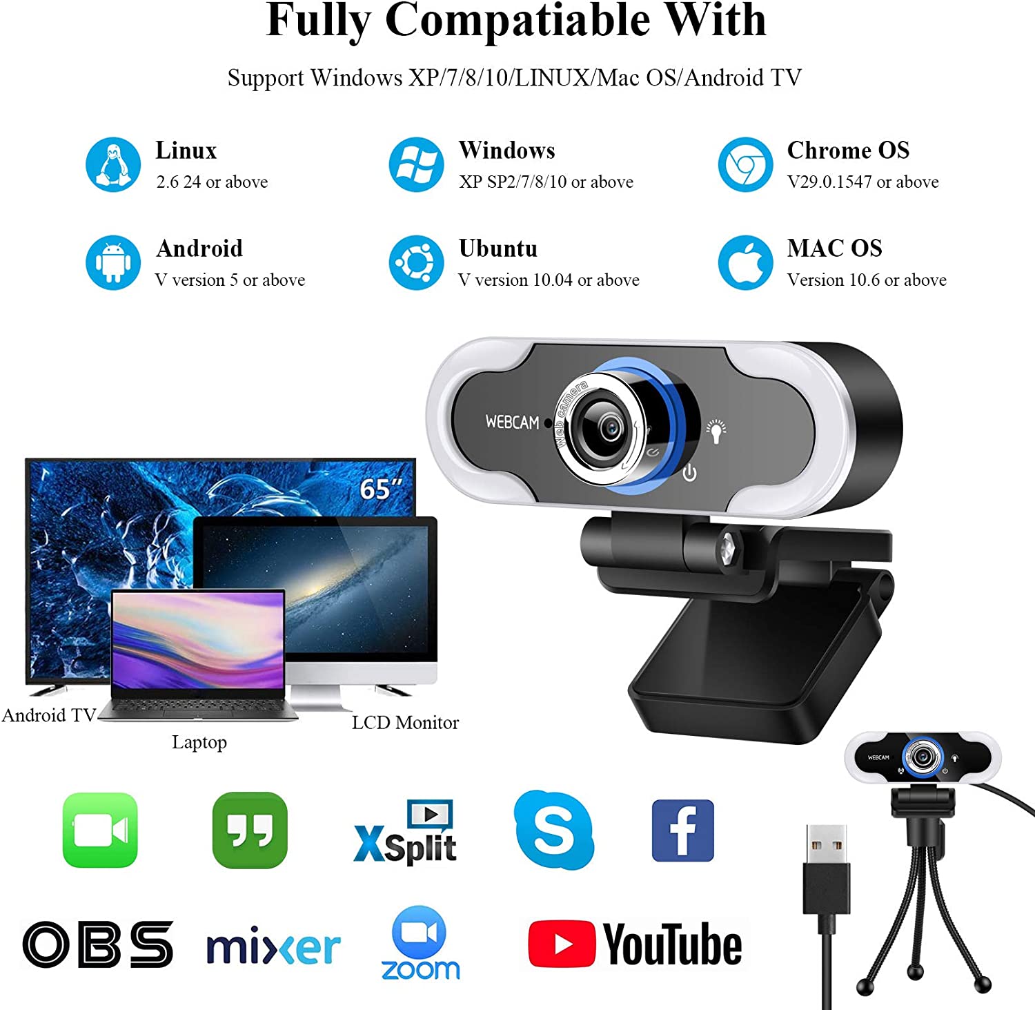 TwiHill 2K/1080P Webcam, Com tripé,NP HD PC Webcam Microfone embutido de câmera de computador USB - Câmera da Web USB para transmissão ao vivo, videochamada e gravação - Com a luz de preenchimento de LED, a luz de fundo também é clara-Site oficial de vendas da TwiHill