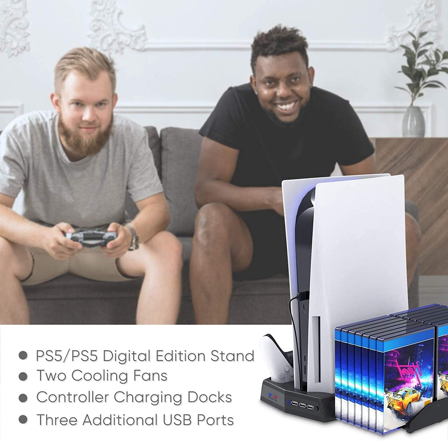 Suporte vertical para Playstation 5 com estação de carregamento por  ventilador de resfriamento para PS5 Digital Edition / Console Ultra HD, com  carregador de controlador para jogos em rack-Site oficial de vendas