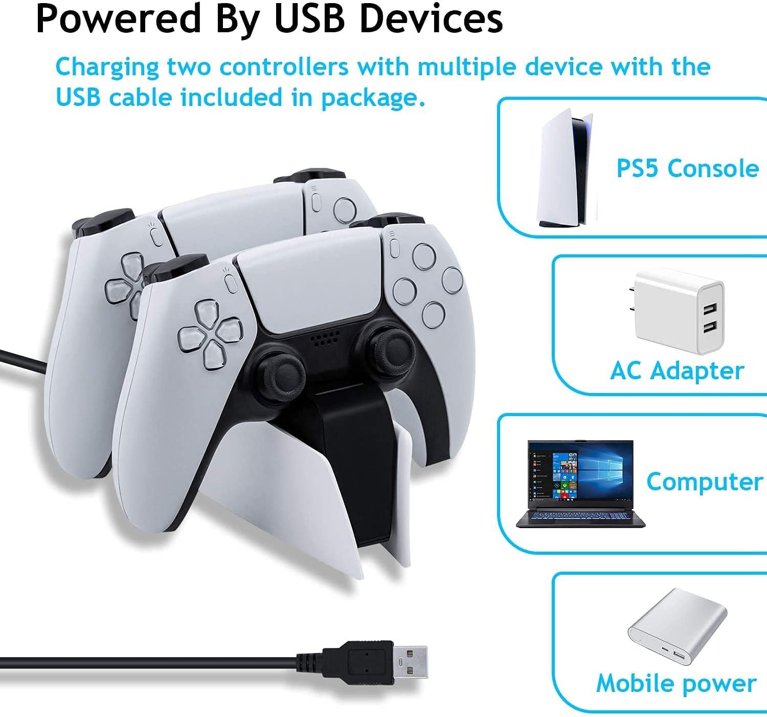 TwiHill Carregador duplo para PS5, carregador de controlador Estação de carregamento rápido Adaptador de carregamento USB tipo C com indicador LED para controlador Playstation 5 DualSense (Branco)-Site oficial de vendas da TwiHill