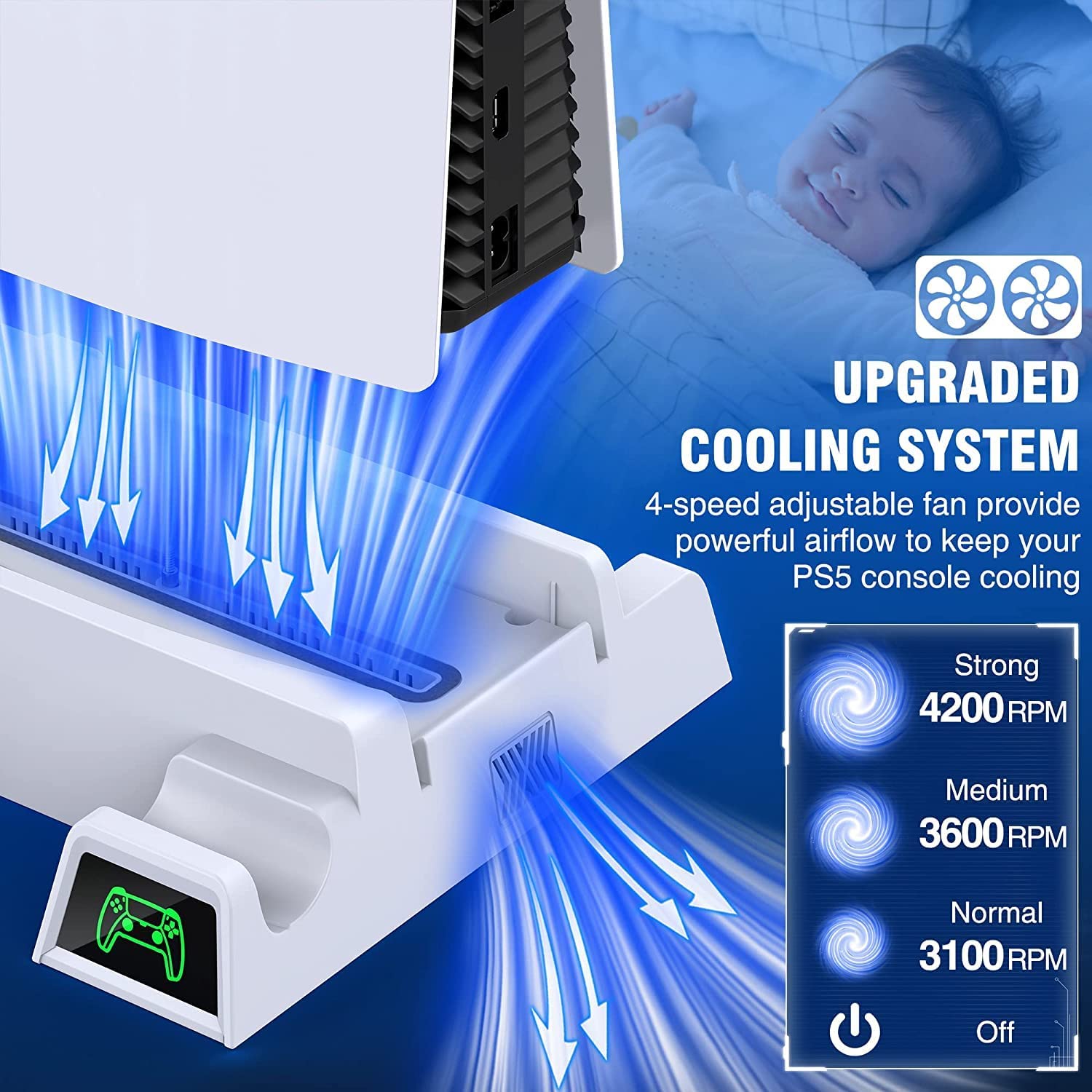 Ventilador de resfriamento de suporte PS5, estação de carregamento de controlador duplo rápido PS5 com armazenamento de 13 jogos-Site oficial de vendas da TwiHill