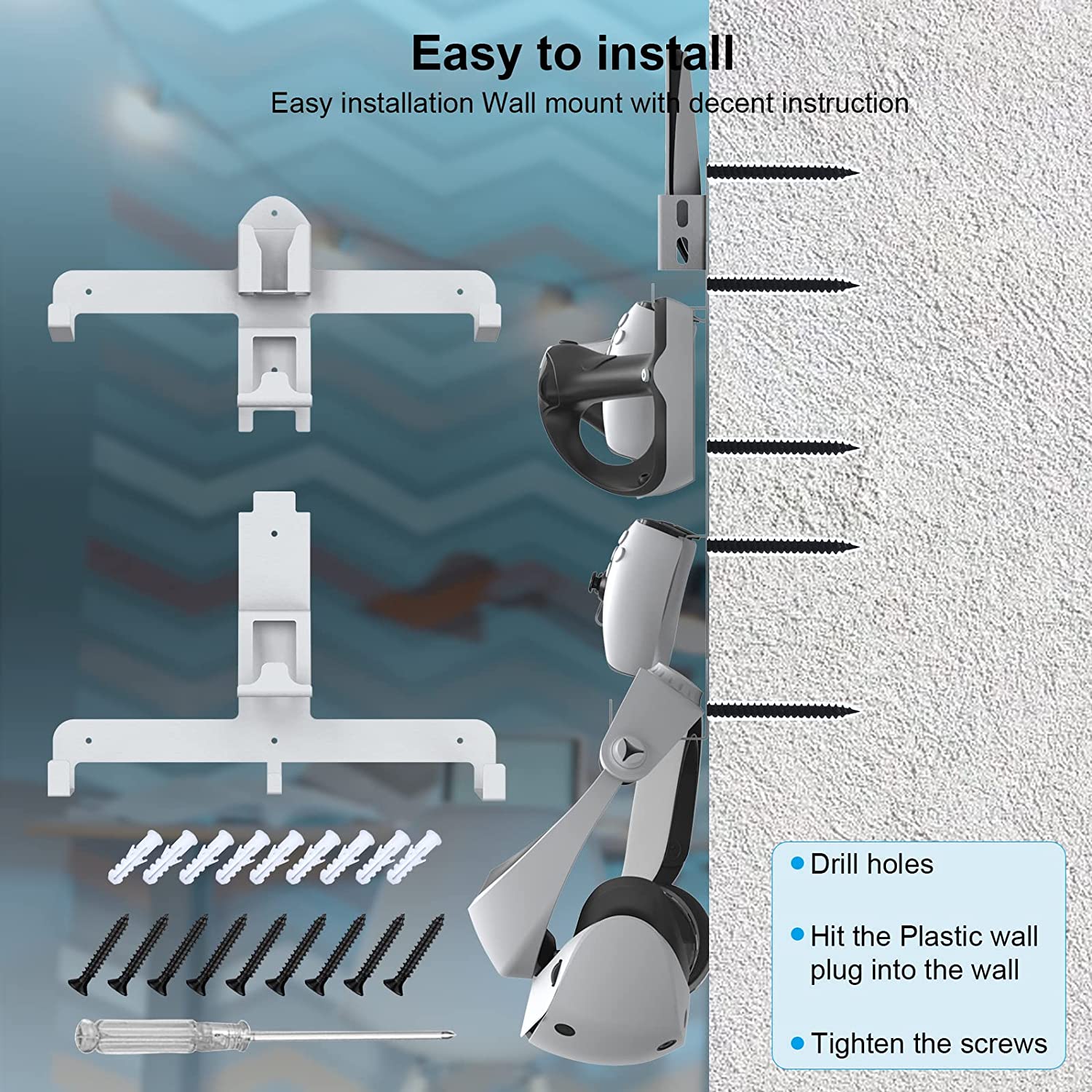 Suporte de montagem em parede TwiHill para PS5 PS VR2, kit de montagem em parede tudo em 1 com suporte para controlador Playstation 5, controladores PS VR 2 Sense e suporte para fones de ouvido-Site oficial de vendas da TwiHill