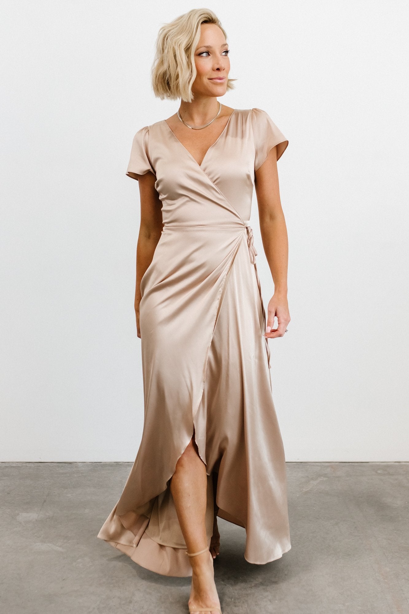 Krystal Satin Wrap Gown, Champagne