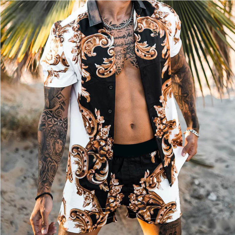 2023 summer European and American men's shirt casual loose short-sleeved shorts beach suit
