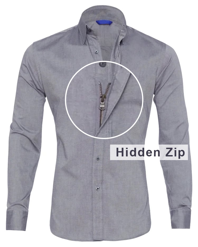 Men's Long Sleeve  Oxford Stretch Zip Shirt-Gray