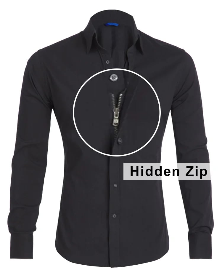 Men's Long Sleeve  Oxford Stretch Zip Shirt-Black