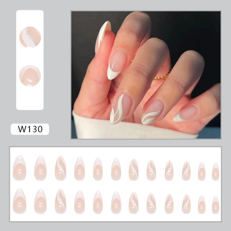 M18 White Ribbon With Glitter Almond Medium Nail