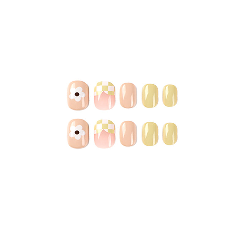 S64 Grass green checkerboard French short nails