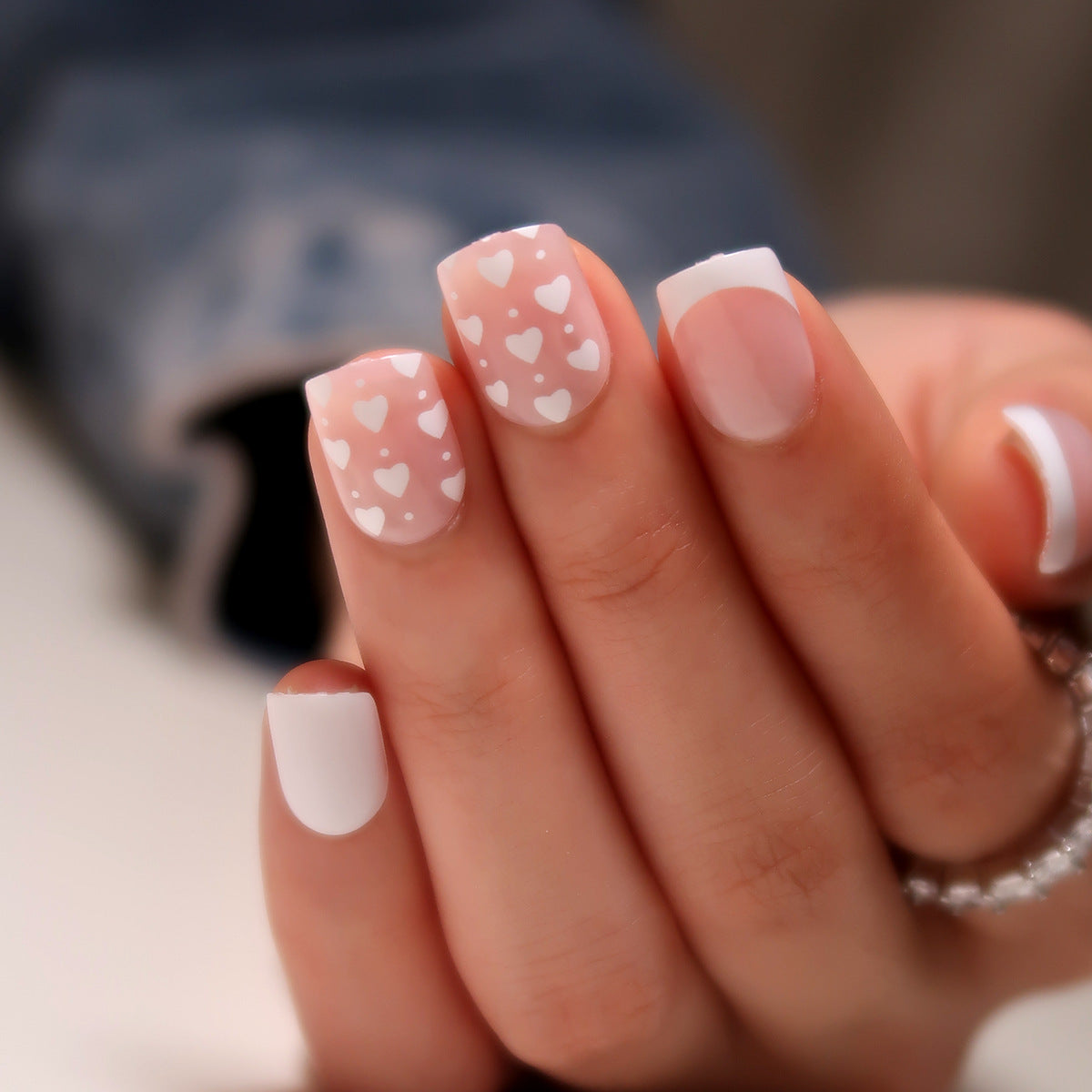 S65 White love French short nails