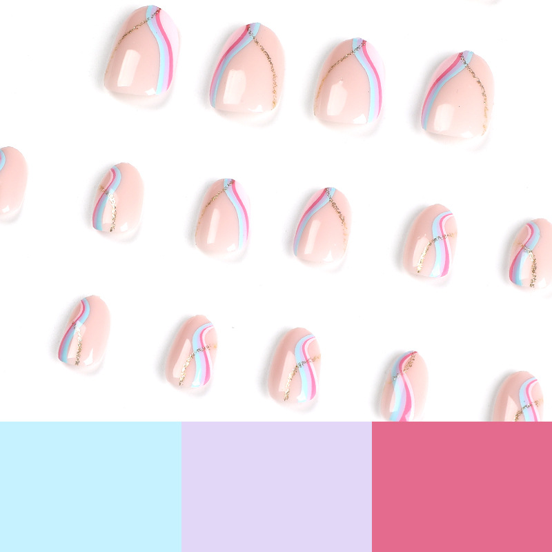 S52 Nude color color line almond short nails