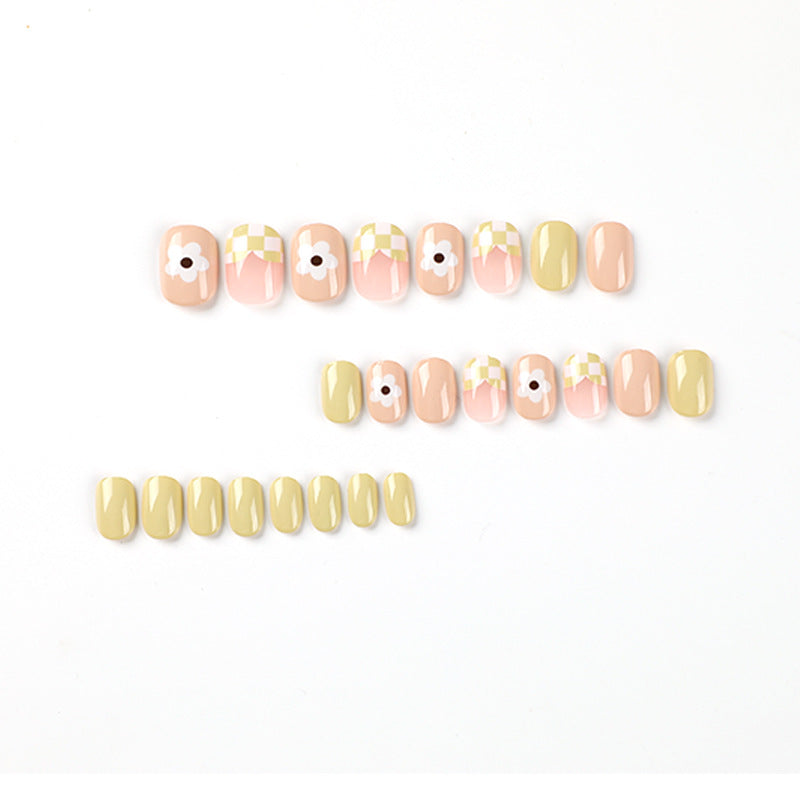 S64 Grass green checkerboard French short nails