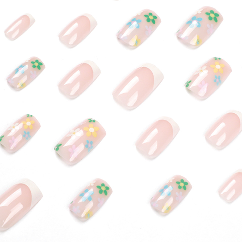 S50 Rainbow flower French tip square short nails