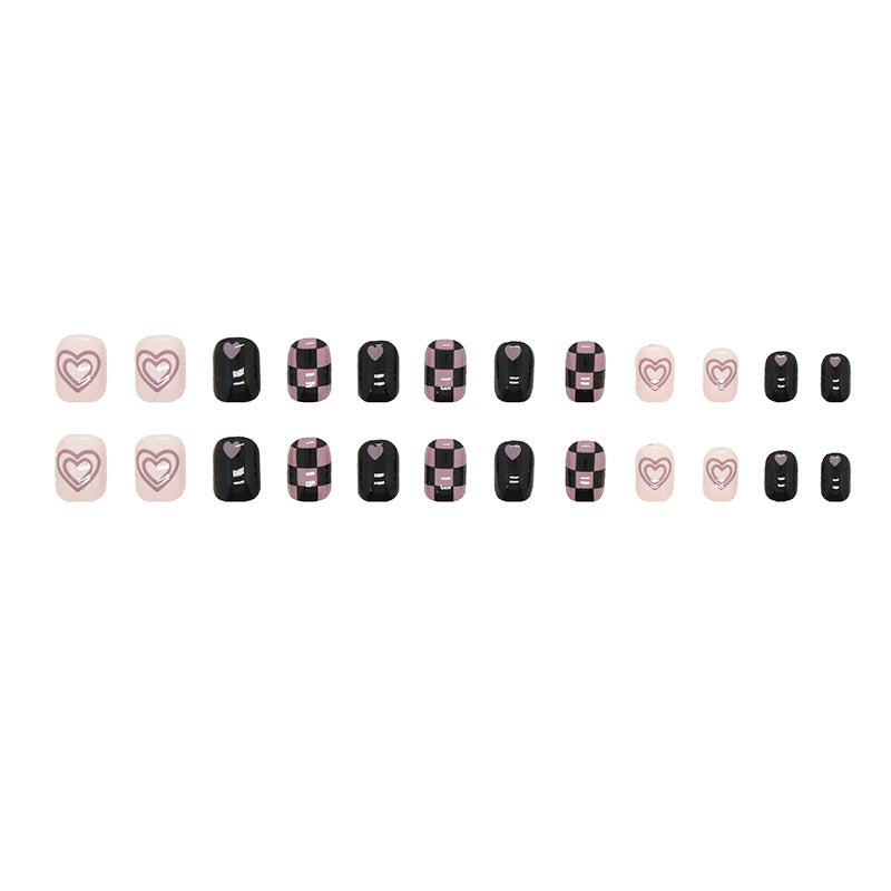 S71 Checkerboard black pink heart square short nail